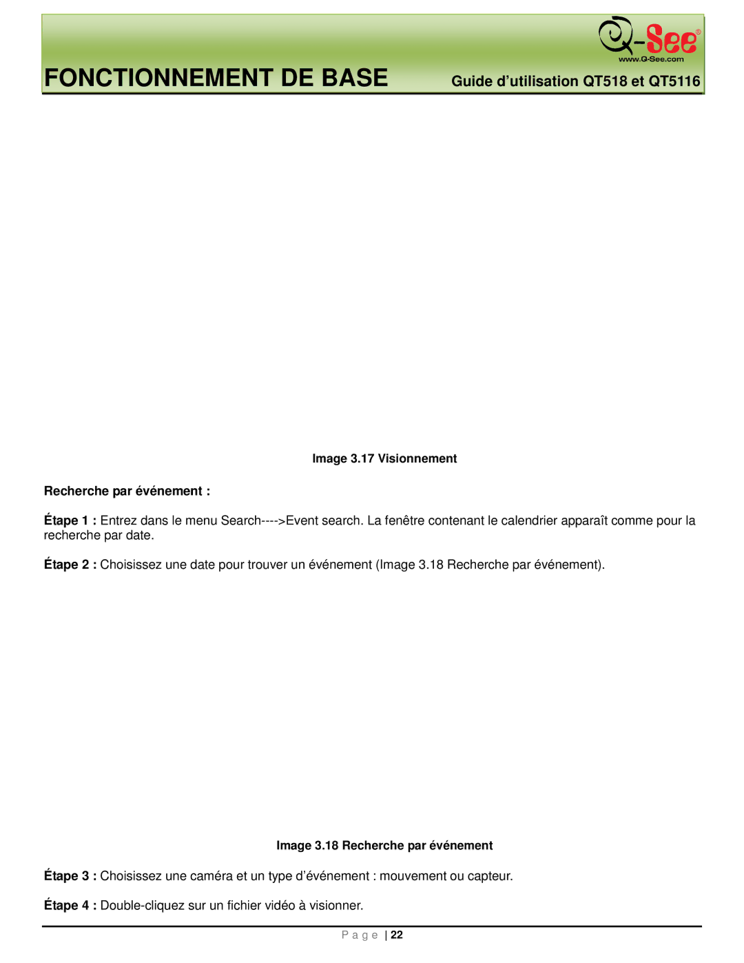 Q-See QT5116, QT518 manual Image 3.17 Visionnement, Image 3.18 Recherche par événement 