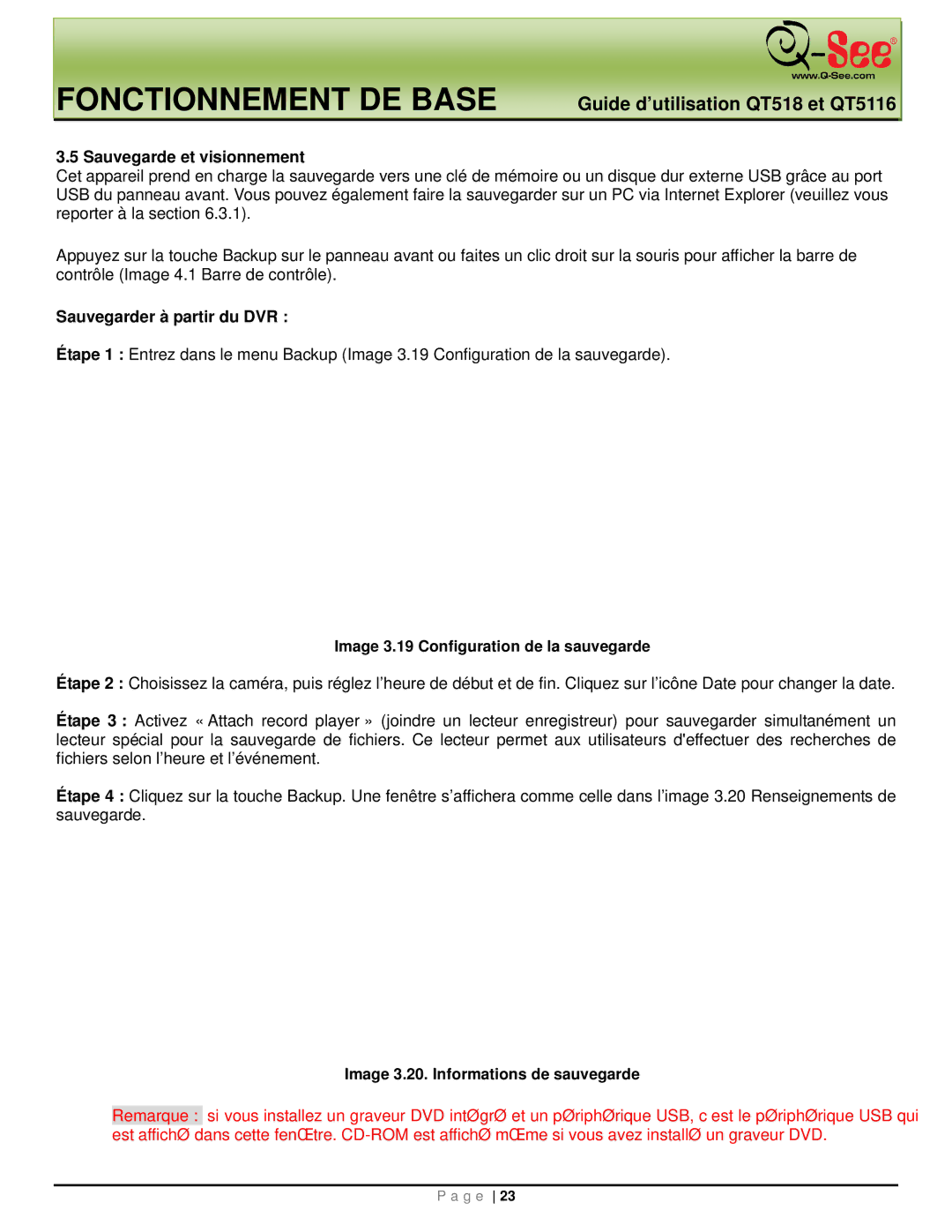 Q-See QT518, QT5116 Sauvegarde et visionnement, Sauvegarder à partir du DVR, Image 3.19 Configuration de la sauvegarde 