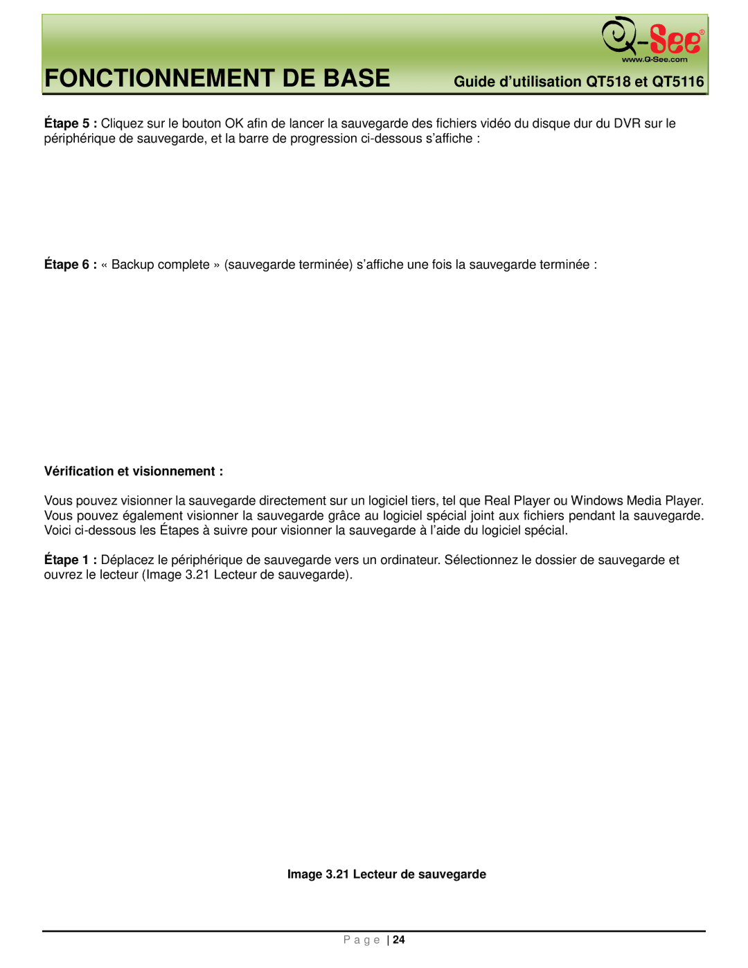 Q-See QT5116, QT518 manual Vérification et visionnement, Image 3.21 Lecteur de sauvegarde 