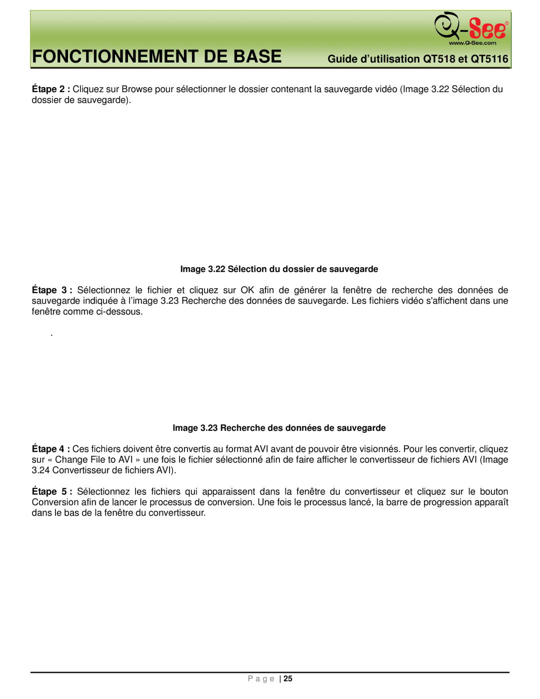 Q-See QT518, QT5116 manual Image 3.22 Sélection du dossier de sauvegarde, Image 3.23 Recherche des données de sauvegarde 