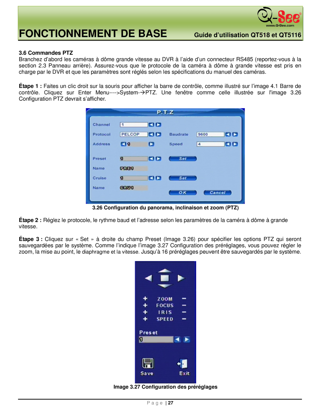 Q-See QT518 Commandes PTZ, Configuration du panorama, inclinaison et zoom PTZ, Image 3.27 Configuration des préréglages 