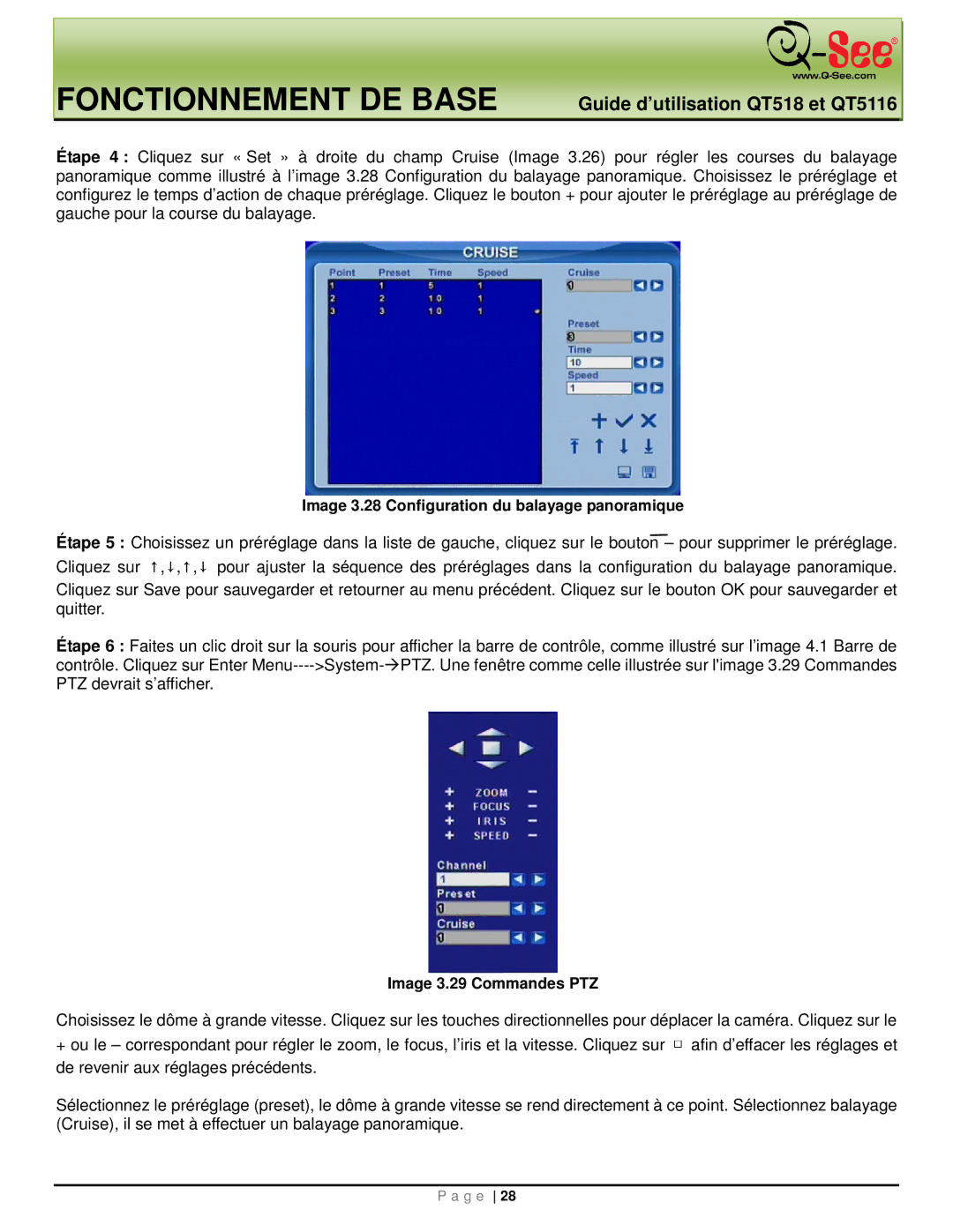 Q-See QT5116, QT518 manual Image 3.28 Configuration du balayage panoramique, Image 3.29 Commandes PTZ 