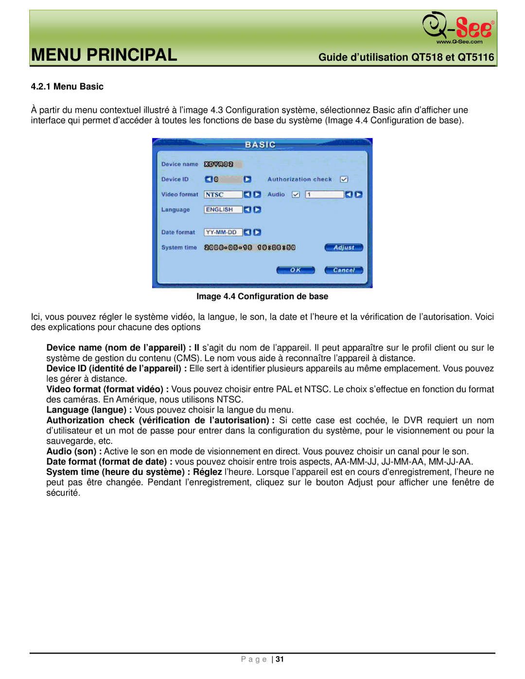 Q-See QT518, QT5116 manual Menu Basic, Image 4.4 Configuration de base 