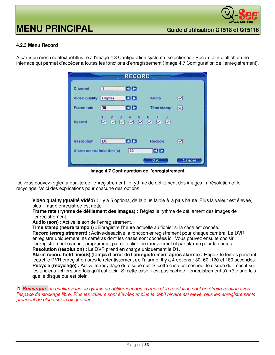 Q-See QT518, QT5116 manual Menu Record, Image 4.7 Configuration de l’enregistrement 