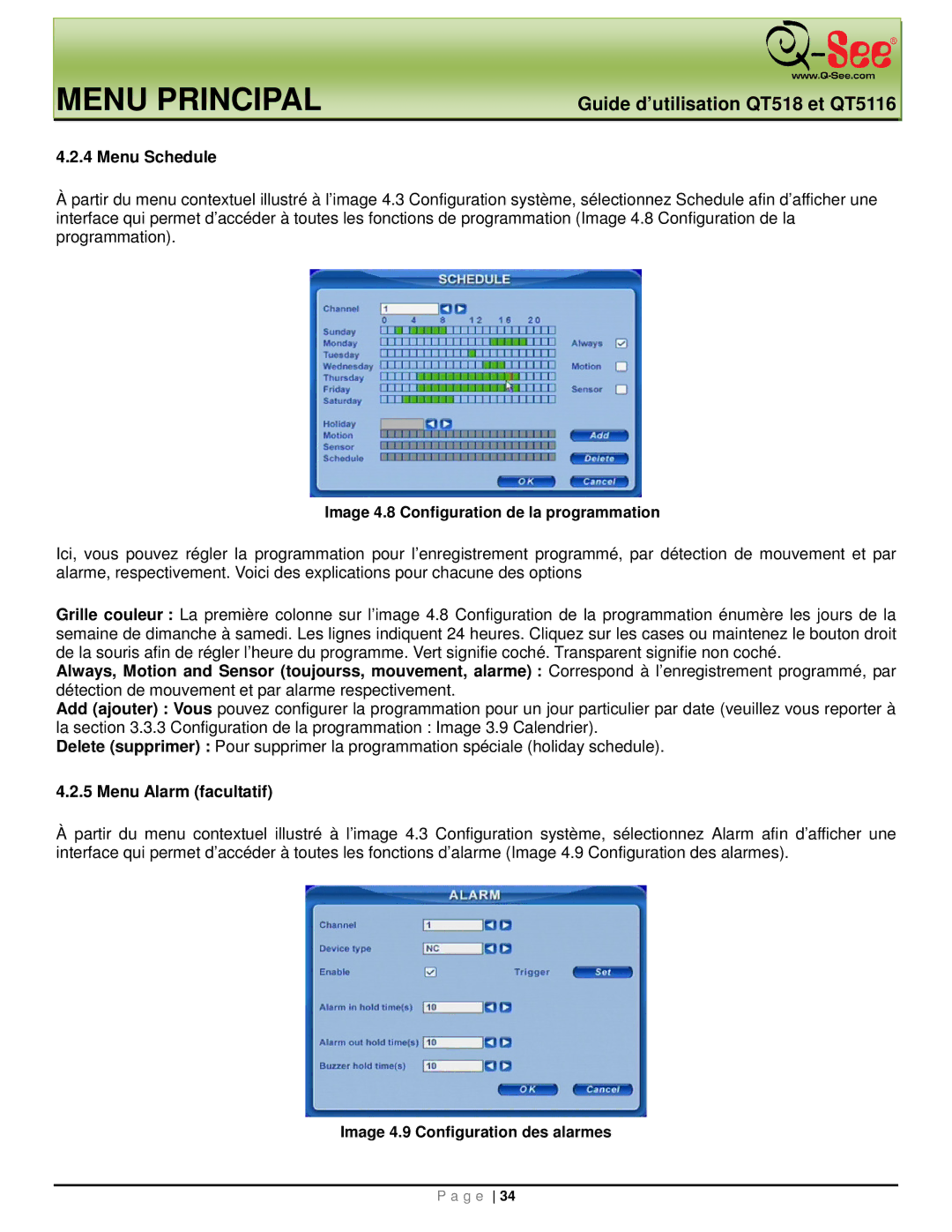 Q-See QT5116, QT518 manual Menu Schedule, Menu Alarm facultatif, Image 4.8 Configuration de la programmation 