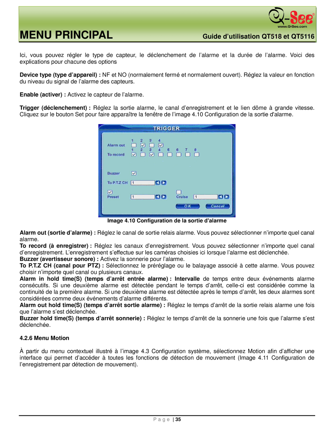 Q-See QT518, QT5116 manual Menu Motion, Image 4.10 Configuration de la sortie dalarme 