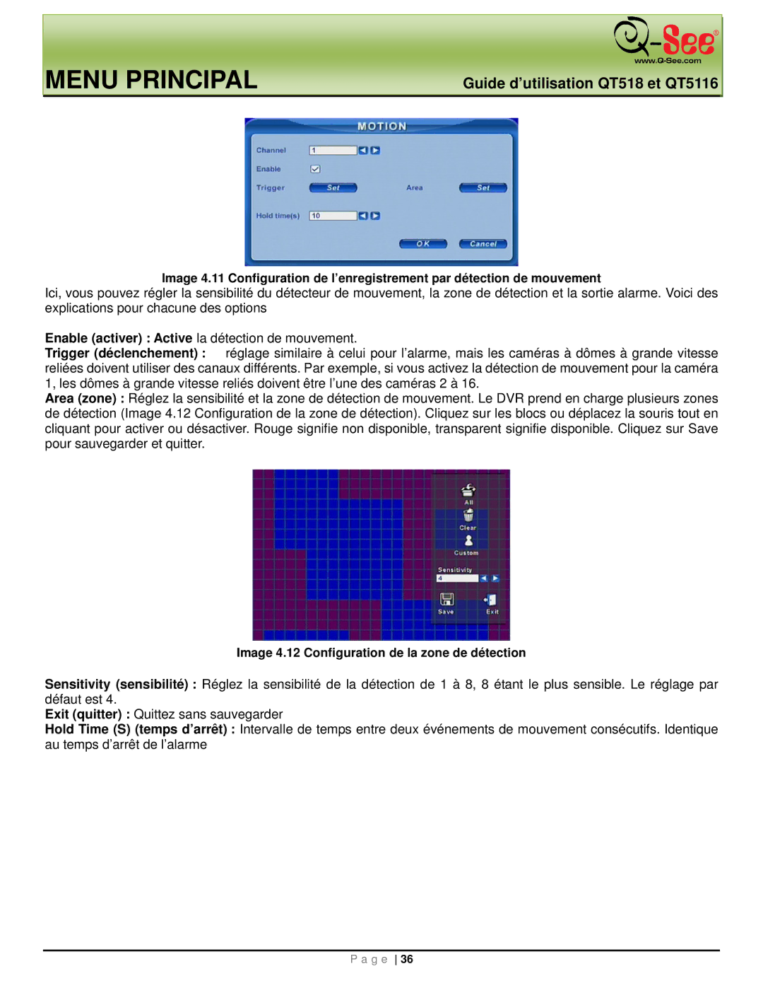 Q-See QT5116, QT518 manual Enable activer Active la détection de mouvement, Image 4.12 Configuration de la zone de détection 