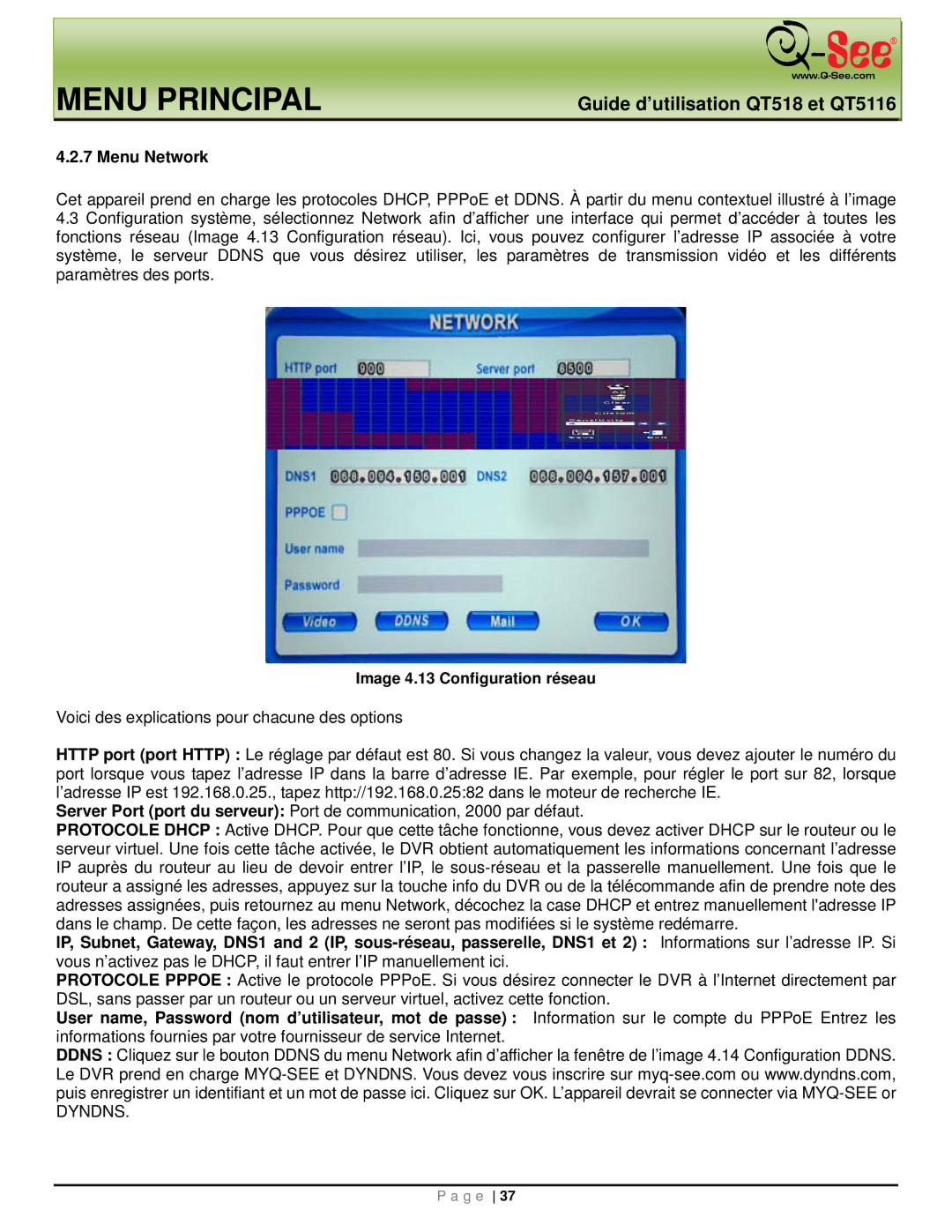 Q-See QT518, QT5116 manual Menu Network, Image 4.13 Configuration réseau 
