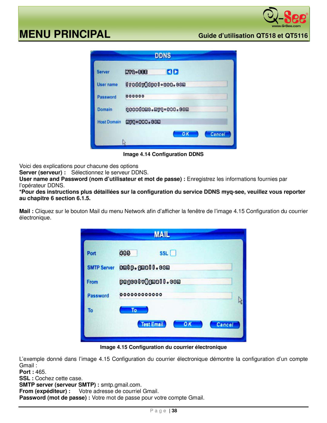 Q-See QT5116, QT518 manual Port, Smtp server serveur Smtp smtp.gmail.com, Image 4.14 Configuration Ddns 