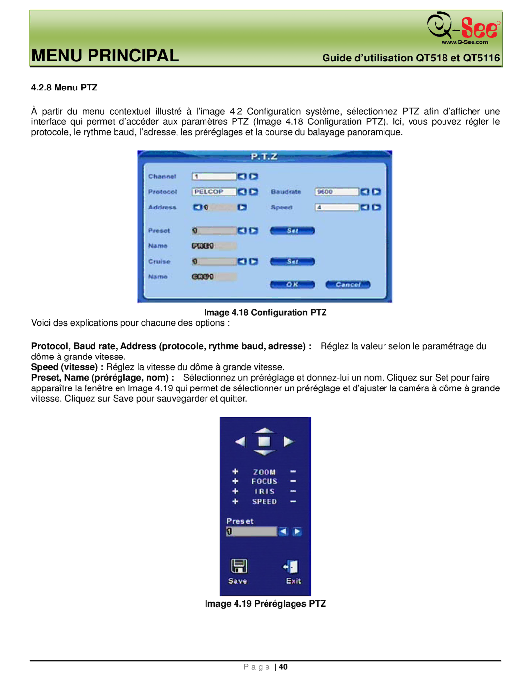 Q-See QT5116, QT518 manual Menu PTZ, Image 4.19 Préréglages PTZ, Image 4.18 Configuration PTZ 