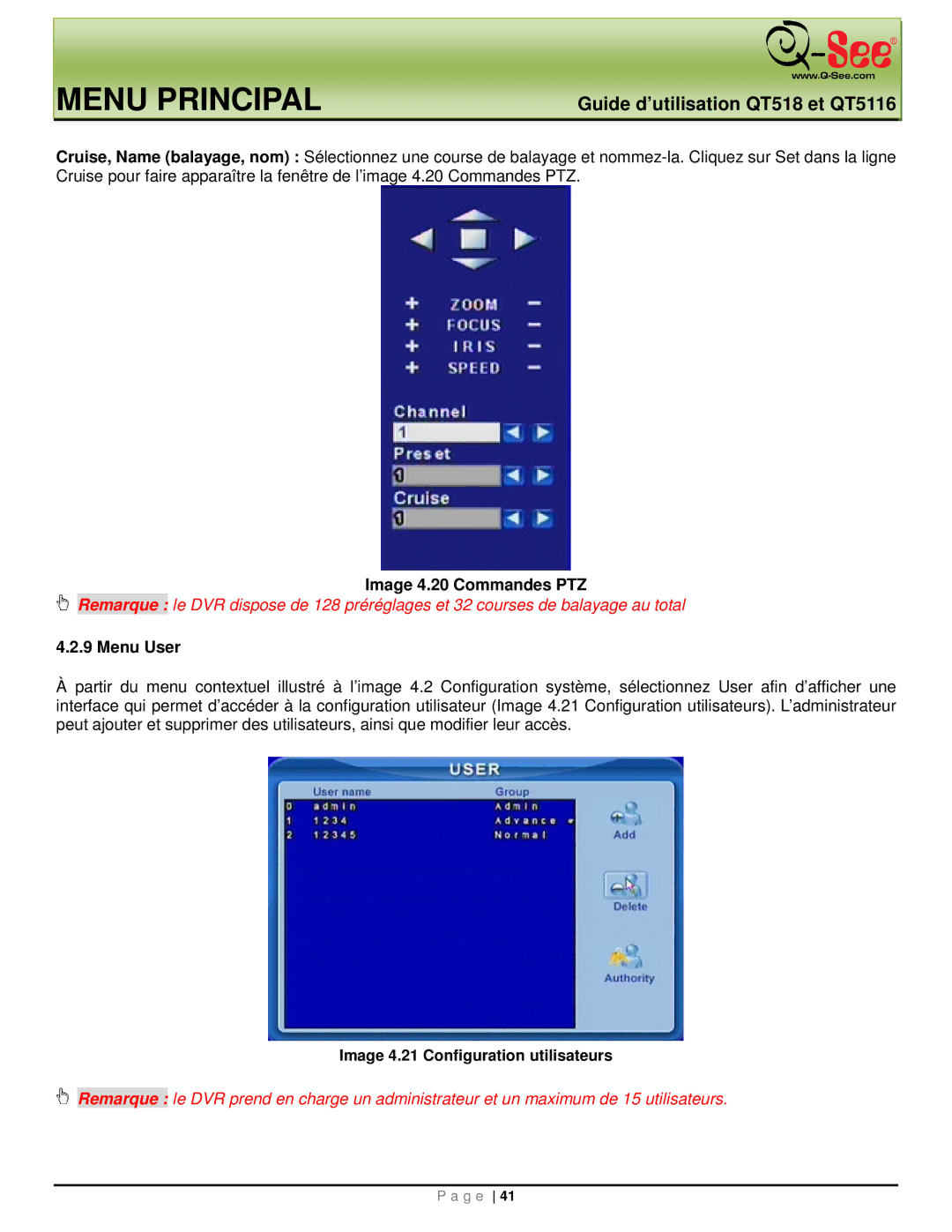 Q-See QT518, QT5116 manual Image 4.20 Commandes PTZ, Menu User, Image 4.21 Configuration utilisateurs 