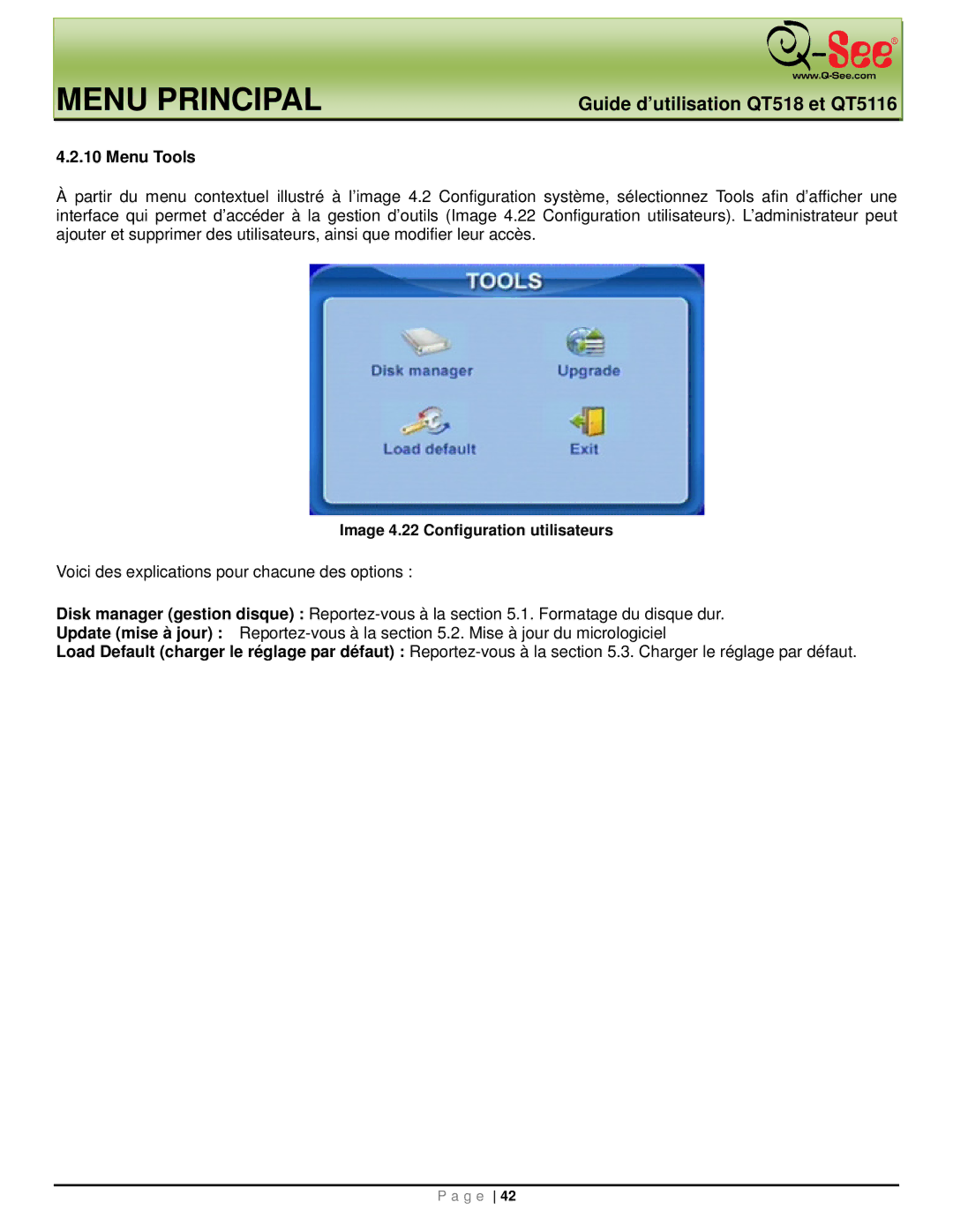 Q-See QT5116, QT518 manual Menu Tools, Image 4.22 Configuration utilisateurs 