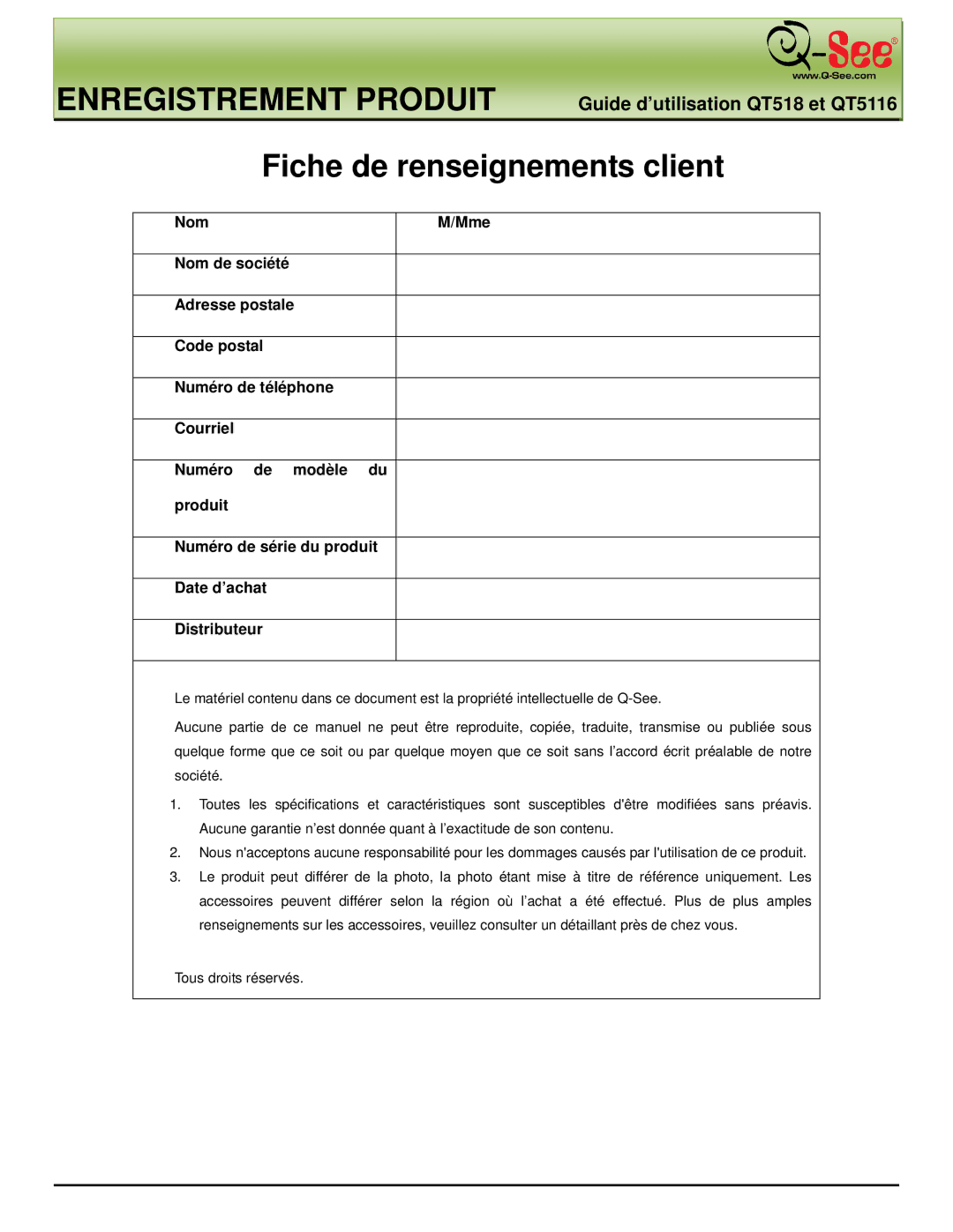 Q-See QT5116, QT518 manual Enregistrement Produit, Fiche de renseignements client 