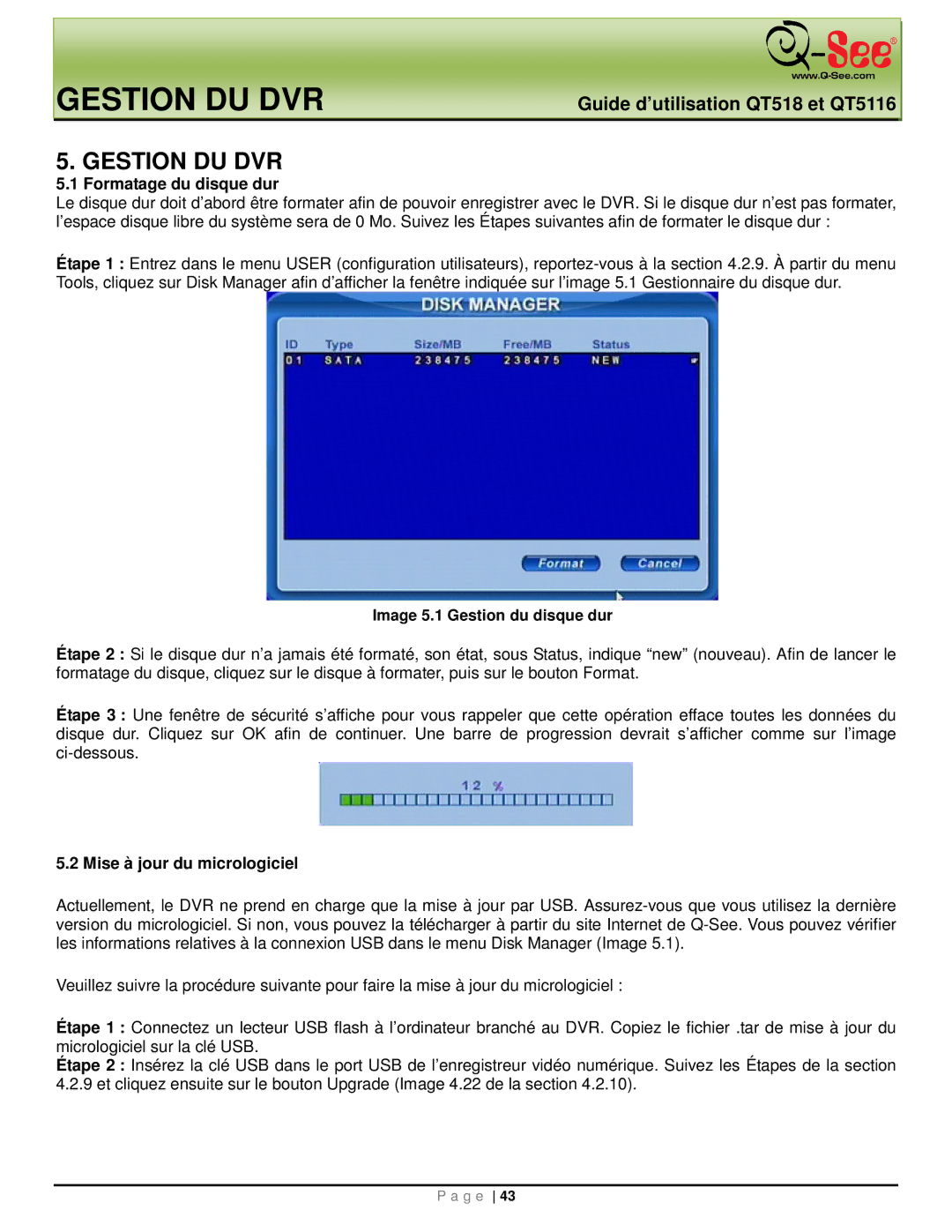 Q-See QT518, QT5116 Gestion DU DVR, Formatage du disque dur, Mise à jour du micrologiciel, Image 5.1 Gestion du disque dur 