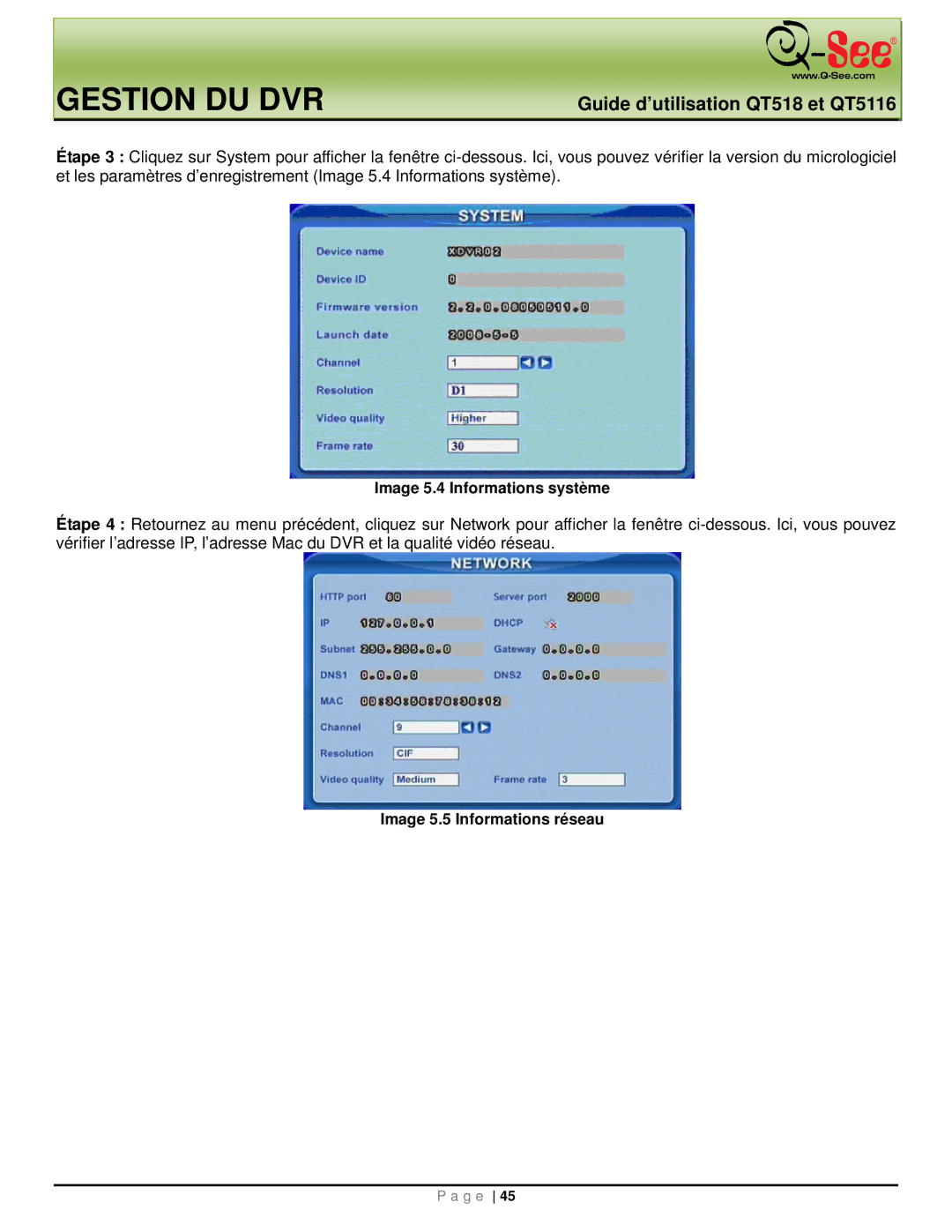 Q-See QT518, QT5116 manual Image 5.4 Informations système, Image 5.5 Informations réseau 