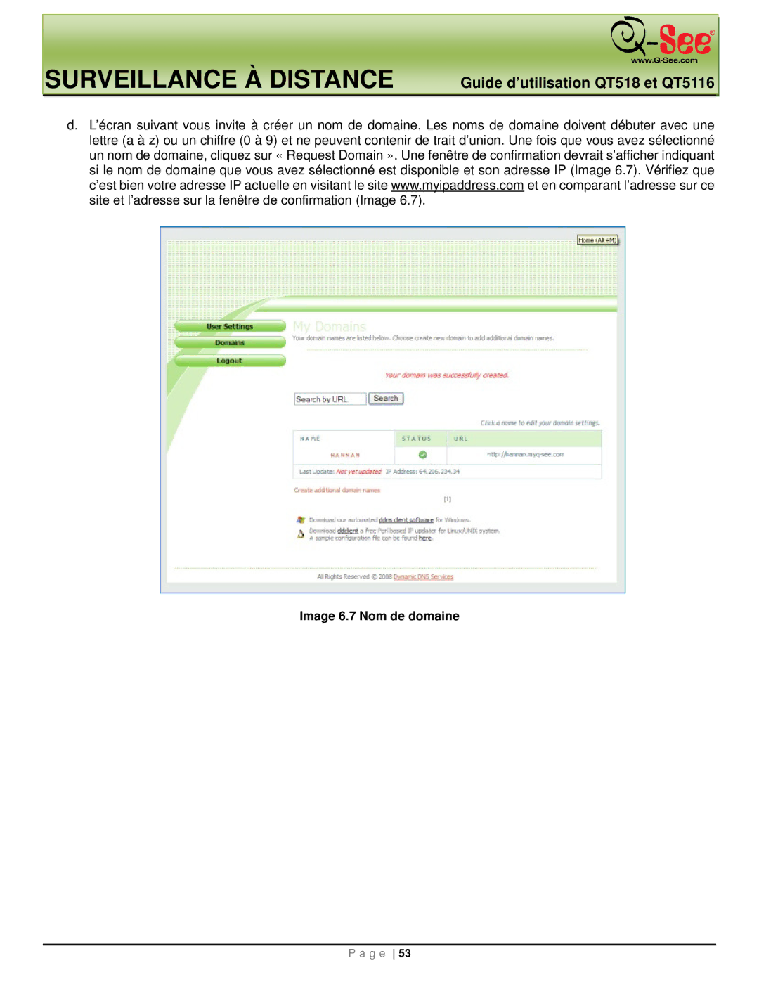 Q-See QT518, QT5116 manual Image 6.7 Nom de domaine 