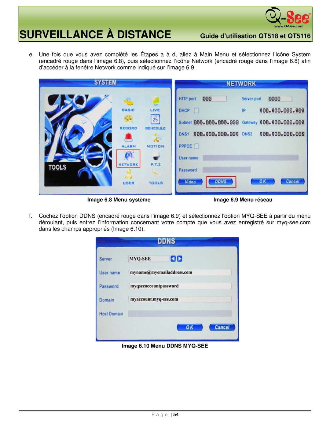 Q-See QT5116, QT518 manual Image 6.8 Menu système, Image 6.10 Menu Ddns MYQ-SEE 