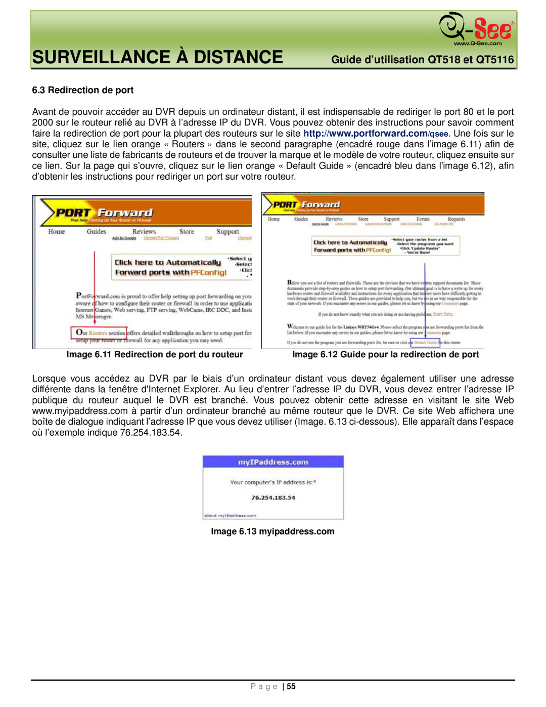 Q-See QT518, QT5116 manual Image 6.11 Redirection de port du routeur, Image 6.13 myipaddress.com 