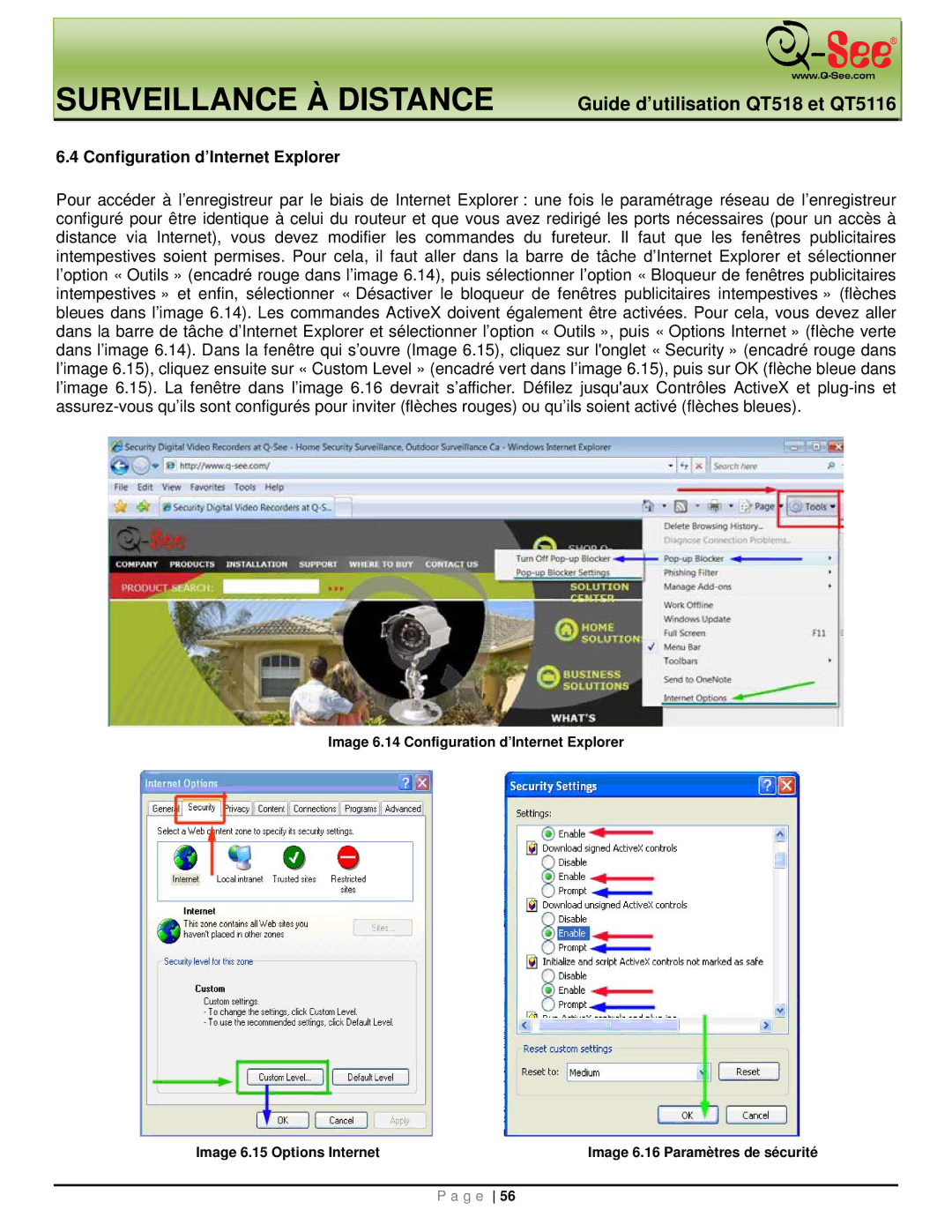 Q-See QT5116, QT518 manual Configuration d’Internet Explorer 