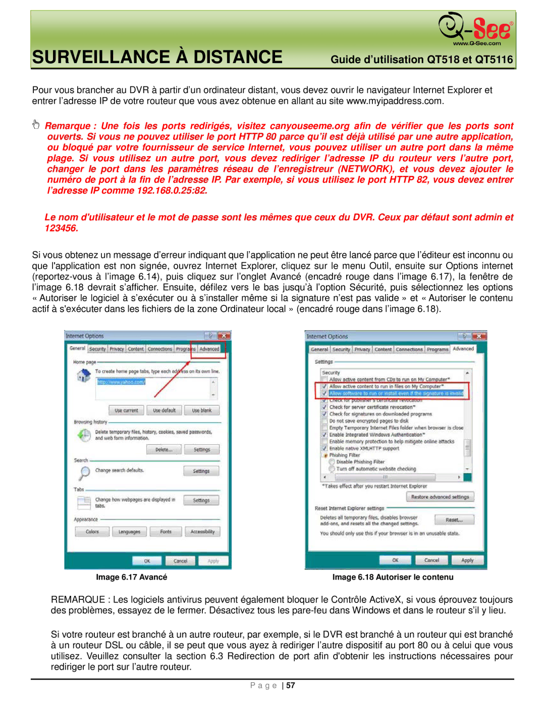 Q-See QT518, QT5116 manual Image 6.17 Avancé Image 6.18 Autoriser le contenu 