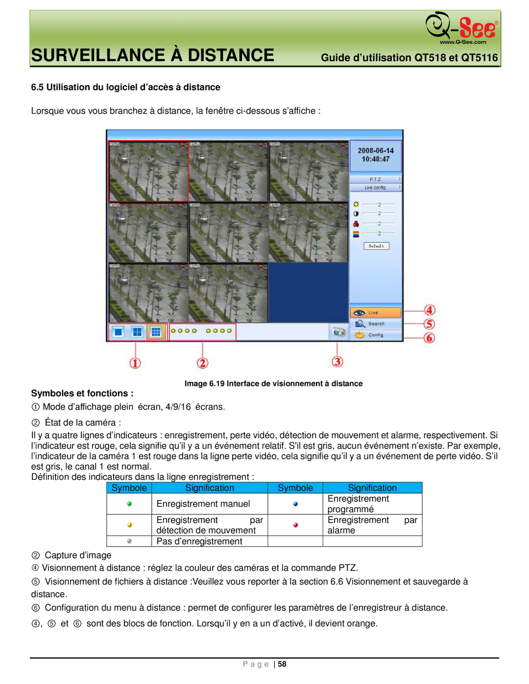 Q-See QT5116, QT518 manual Utilisation du logiciel d’accès à distance, Symboles et fonctions 