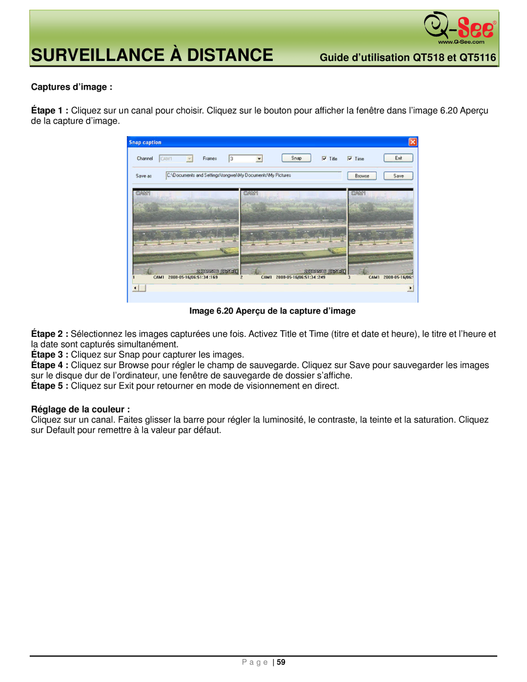 Q-See QT518, QT5116 manual Captures d’image, Réglage de la couleur, Image 6.20 Aperçu de la capture d’image 