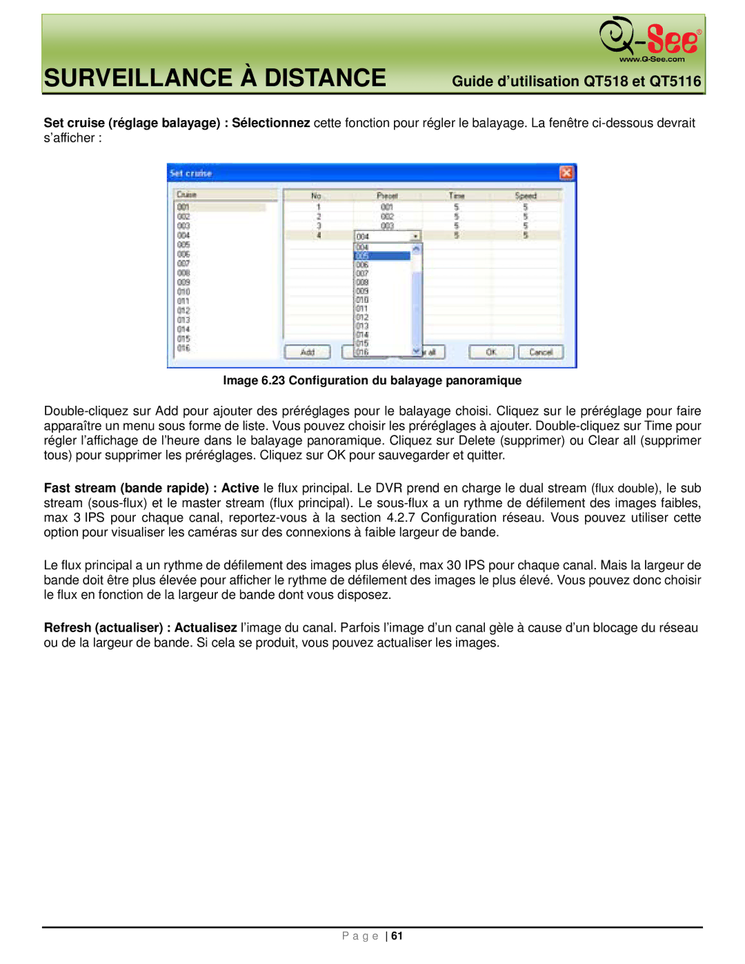 Q-See QT518, QT5116 manual Image 6.23 Configuration du balayage panoramique 