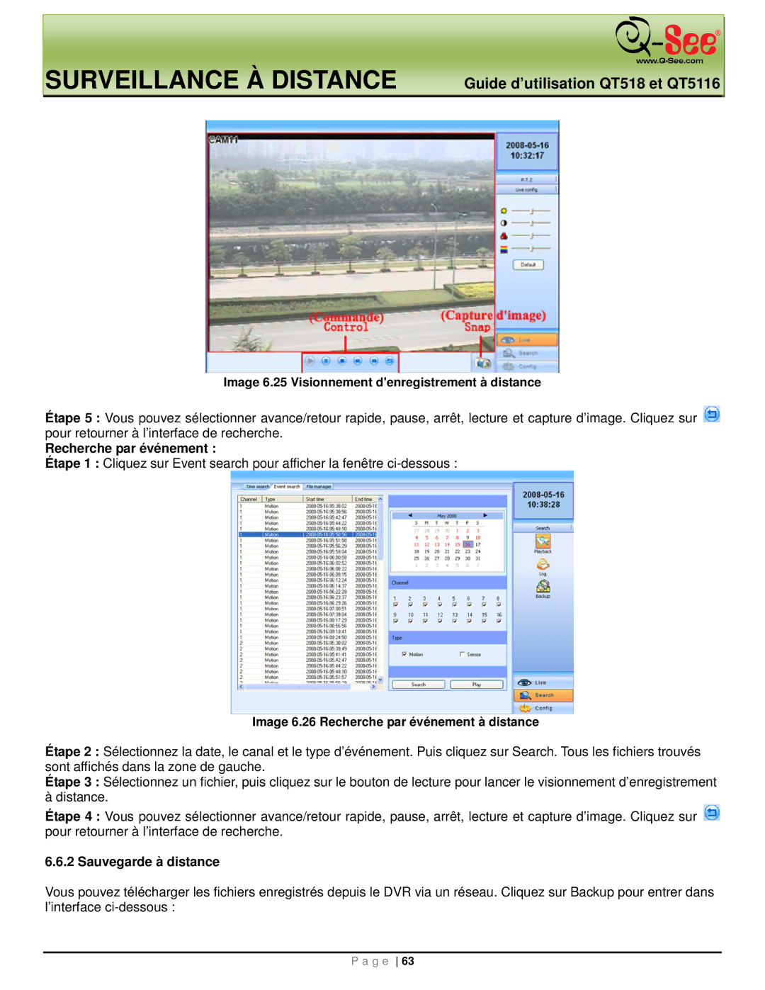 Q-See QT518, QT5116 manual Sauvegarde à distance, Image 6.25 Visionnement denregistrement à distance 