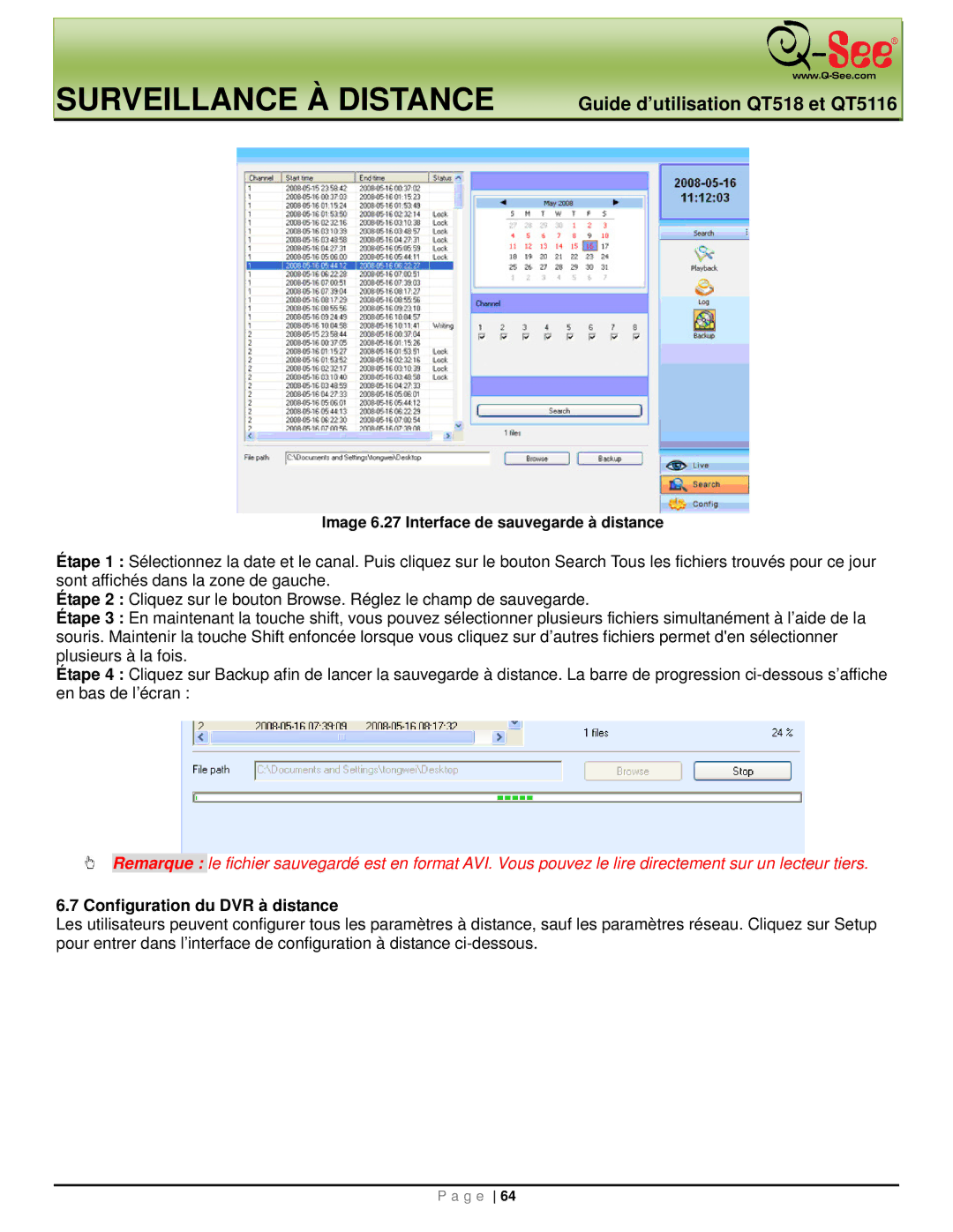 Q-See QT5116, QT518 manual Configuration du DVR à distance, Image 6.27 Interface de sauvegarde à distance 