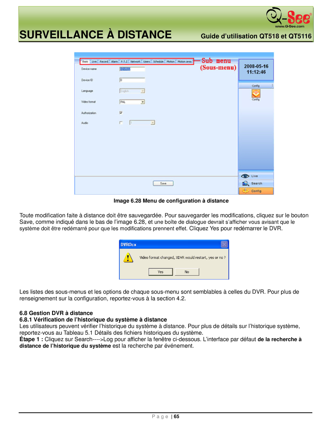 Q-See QT518, QT5116 manual Image 6.28 Menu de configuration à distance 