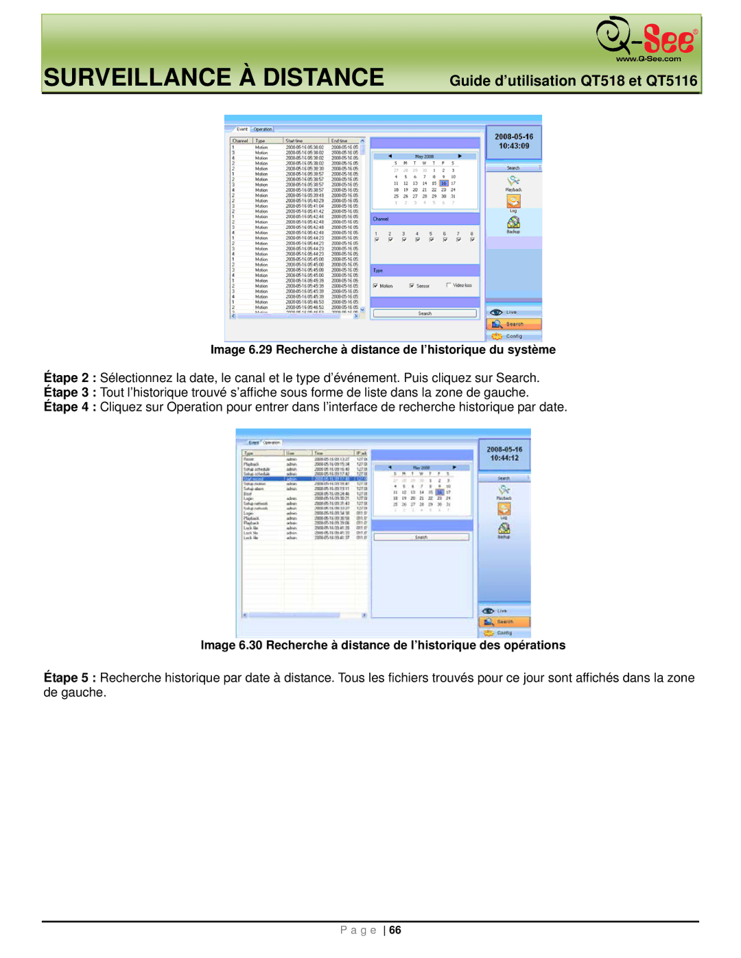 Q-See QT5116, QT518 manual Image 6.29 Recherche à distance de l’historique du système 