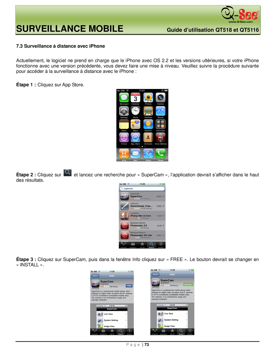 Q-See QT518, QT5116 manual Surveillance à distance avec iPhone 