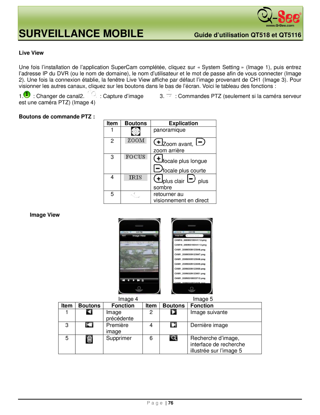 Q-See QT5116, QT518 manual Live View, Boutons de commande PTZ Explication, Image View, Boutons Fonction 