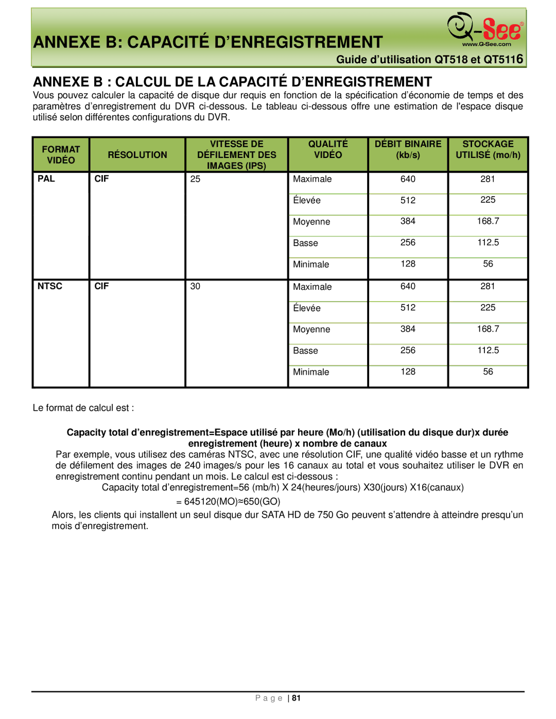 Q-See QT518, QT5116 manual Annexe B Calcul DE LA Capacité D’ENREGISTREMENT, Kb/s, Utilisé mo/h 