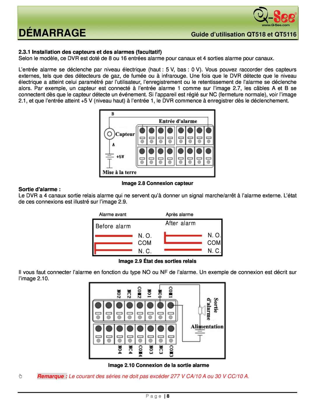 Q-See manual N. C, Démarrage, Guide d’utilisation QT518 et QT5116, Before alarm, After alarm 