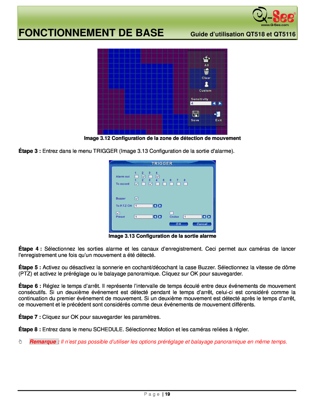 Q-See manual Fonctionnement De Base, Guide d’utilisation QT518 et QT5116, Image 3.13 Configuration de la sortie alarme 