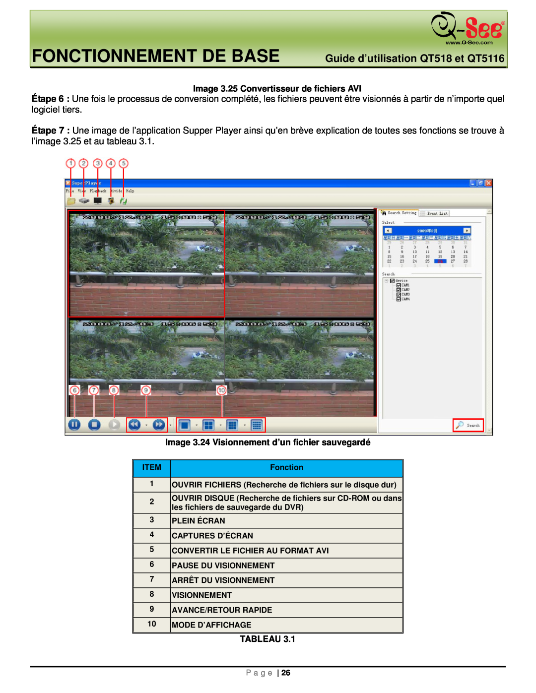 Q-See Fonctionnement De Base, Guide d’utilisation QT518 et QT5116, Image 3.25 Convertisseur de fichiers AVI, Tableau 