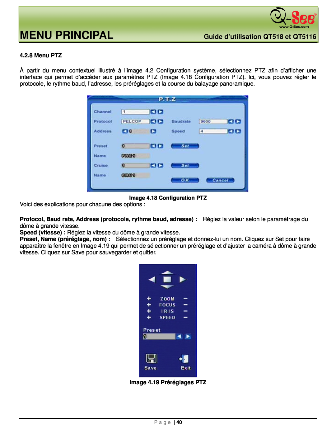Q-See manual Menu Principal, Guide d’utilisation QT518 et QT5116, Menu PTZ, Image 4.19 Préréglages PTZ 