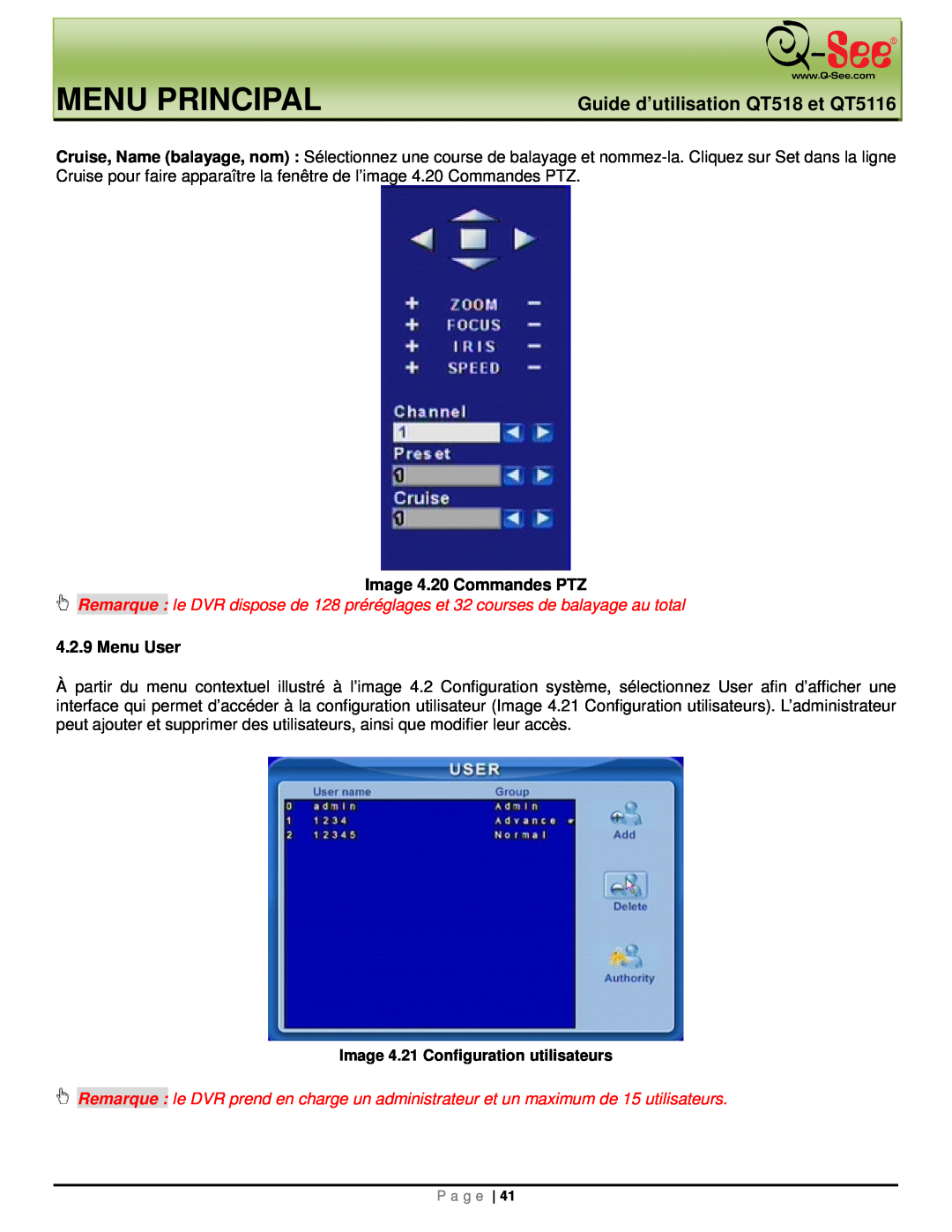 Q-See manual Menu Principal, Guide d’utilisation QT518 et QT5116, Image 4.20 Commandes PTZ, Menu User 