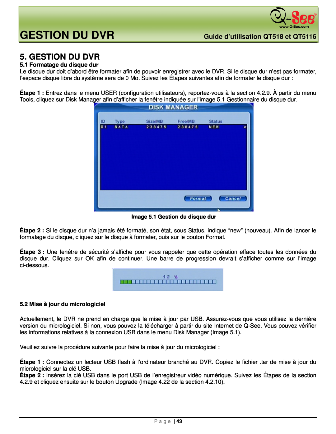 Q-See manual Gestion Du Dvr, Guide d’utilisation QT518 et QT5116 