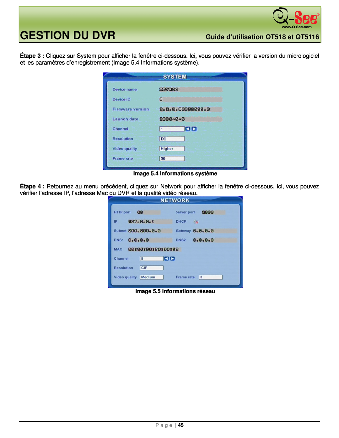 Q-See manual Gestion Du Dvr, Guide d’utilisation QT518 et QT5116, Image 5.4 Informations système 