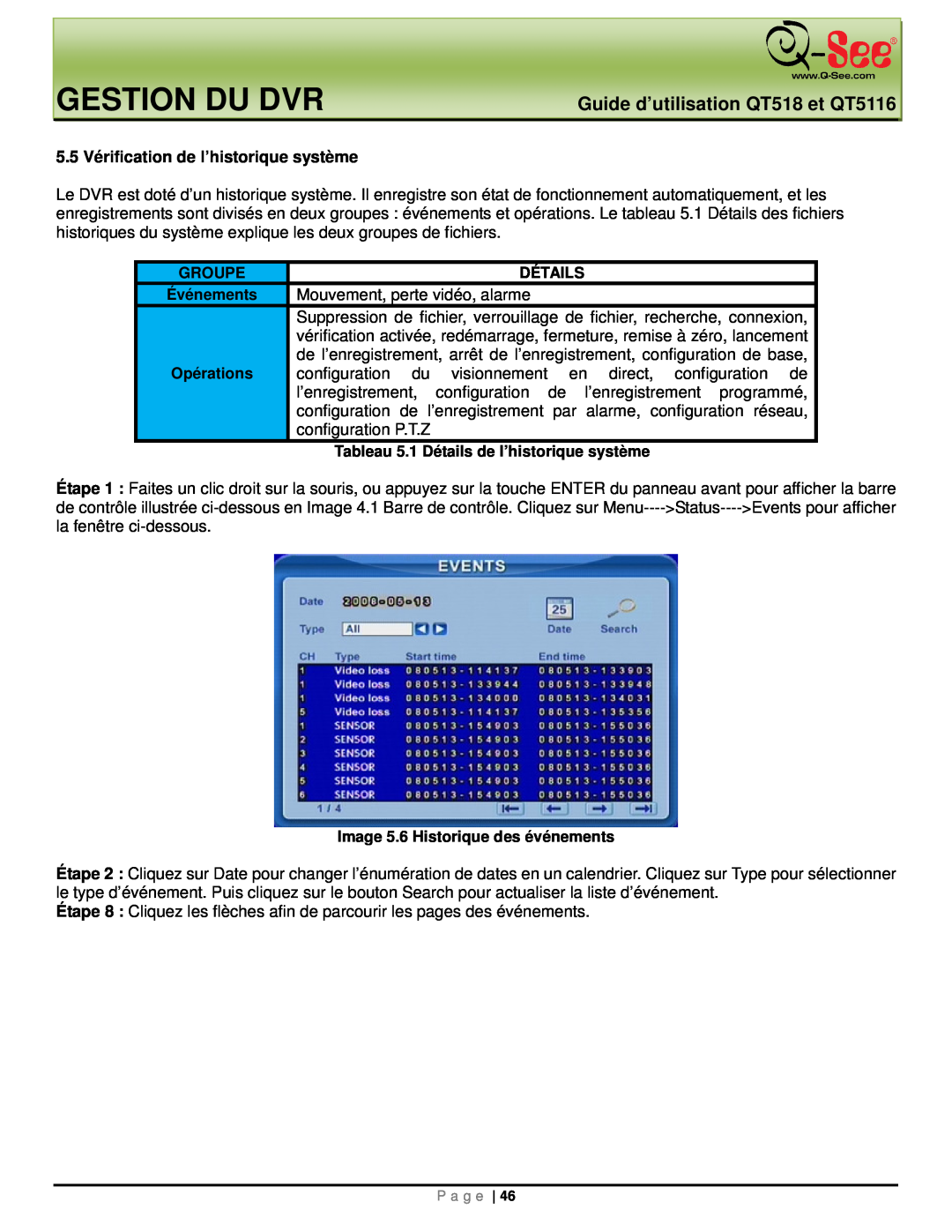 Q-See manual Gestion Du Dvr, Guide d’utilisation QT518 et QT5116, 5.5 Vérification de l’historique système 