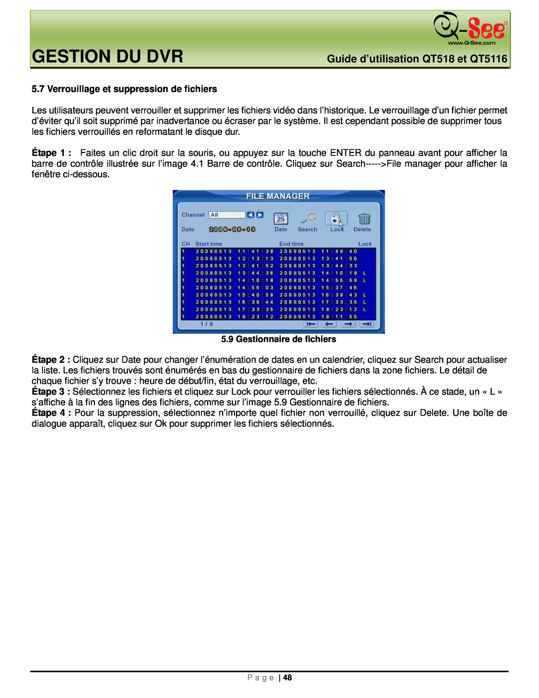 Q-See manual Gestion Du Dvr, Guide d’utilisation QT518 et QT5116, Verrouillage et suppression de fichiers 