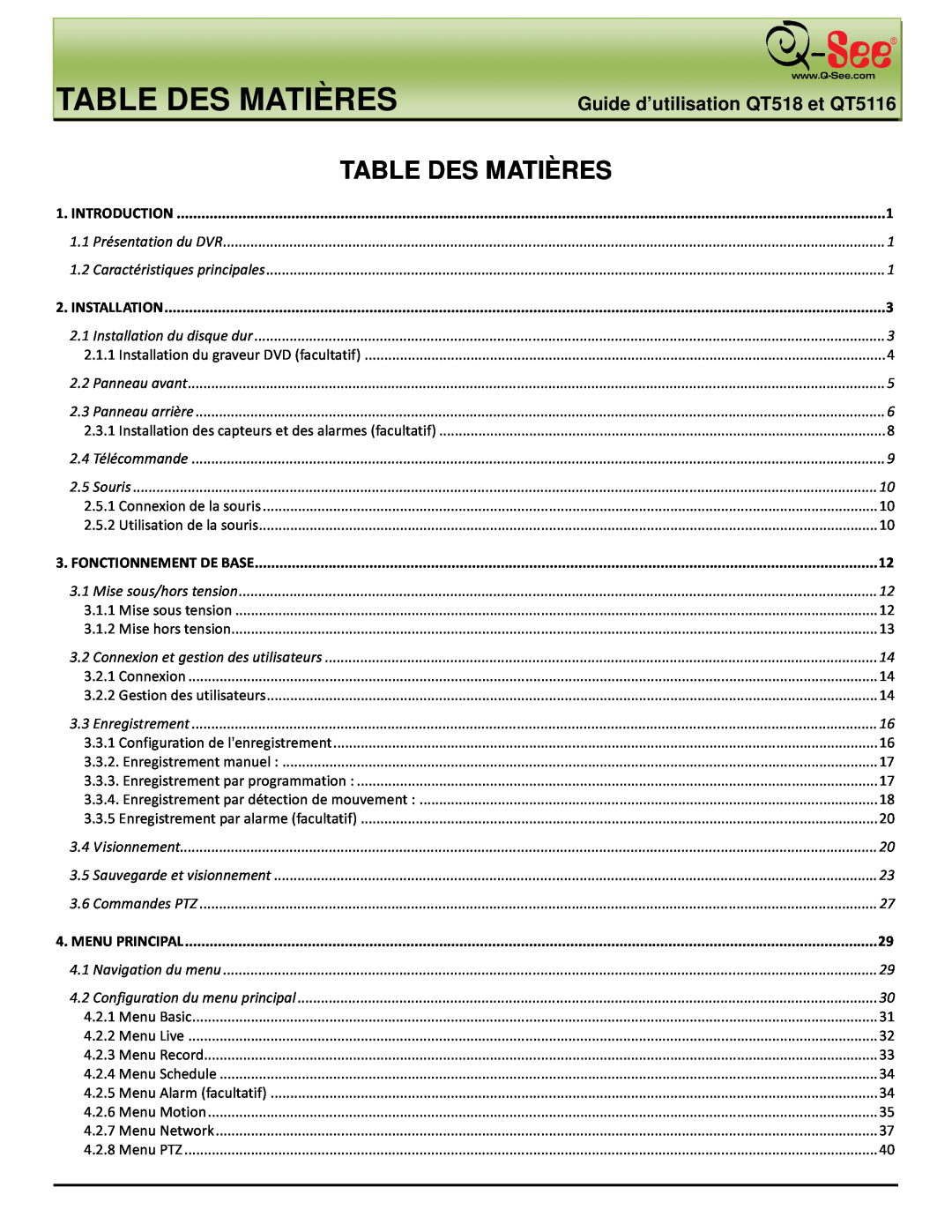 Q-See manual Table Des Matières, Guide d’utilisation QT518 et QT5116 