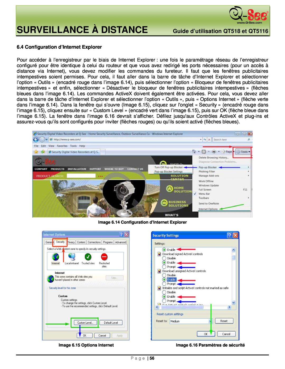 Q-See manual Surveillance À Distance, Guide d’utilisation QT518 et QT5116, Configuration d’Internet Explorer 