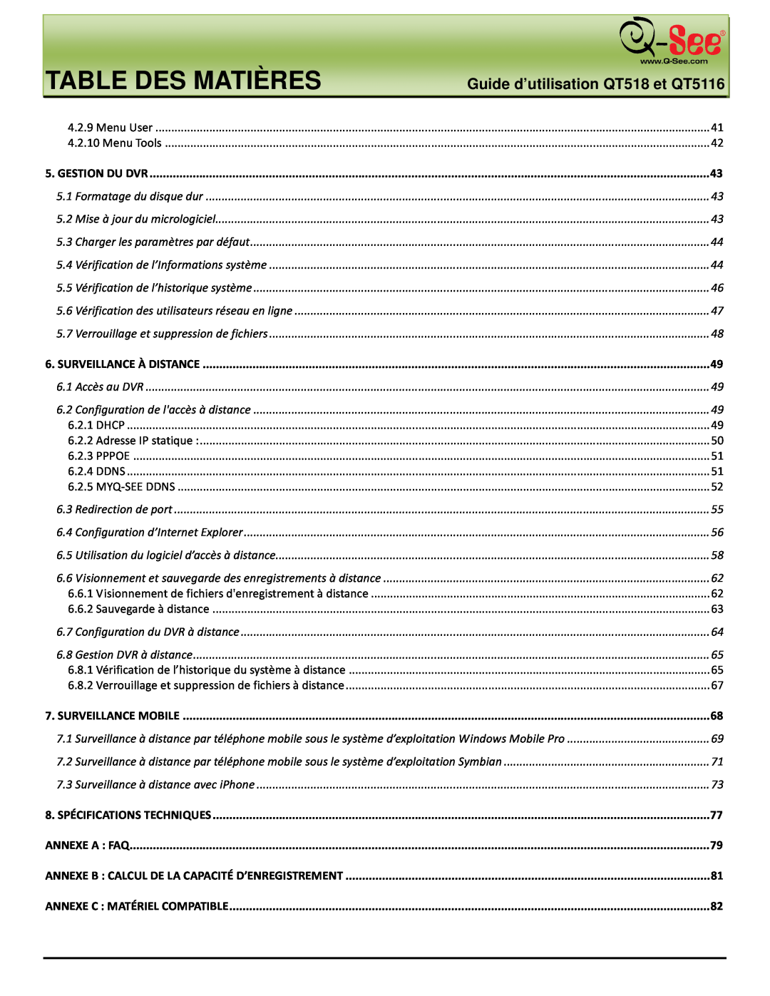 Q-See manual Table Des Matières, Guide d’utilisation QT518 et QT5116, Menu User 