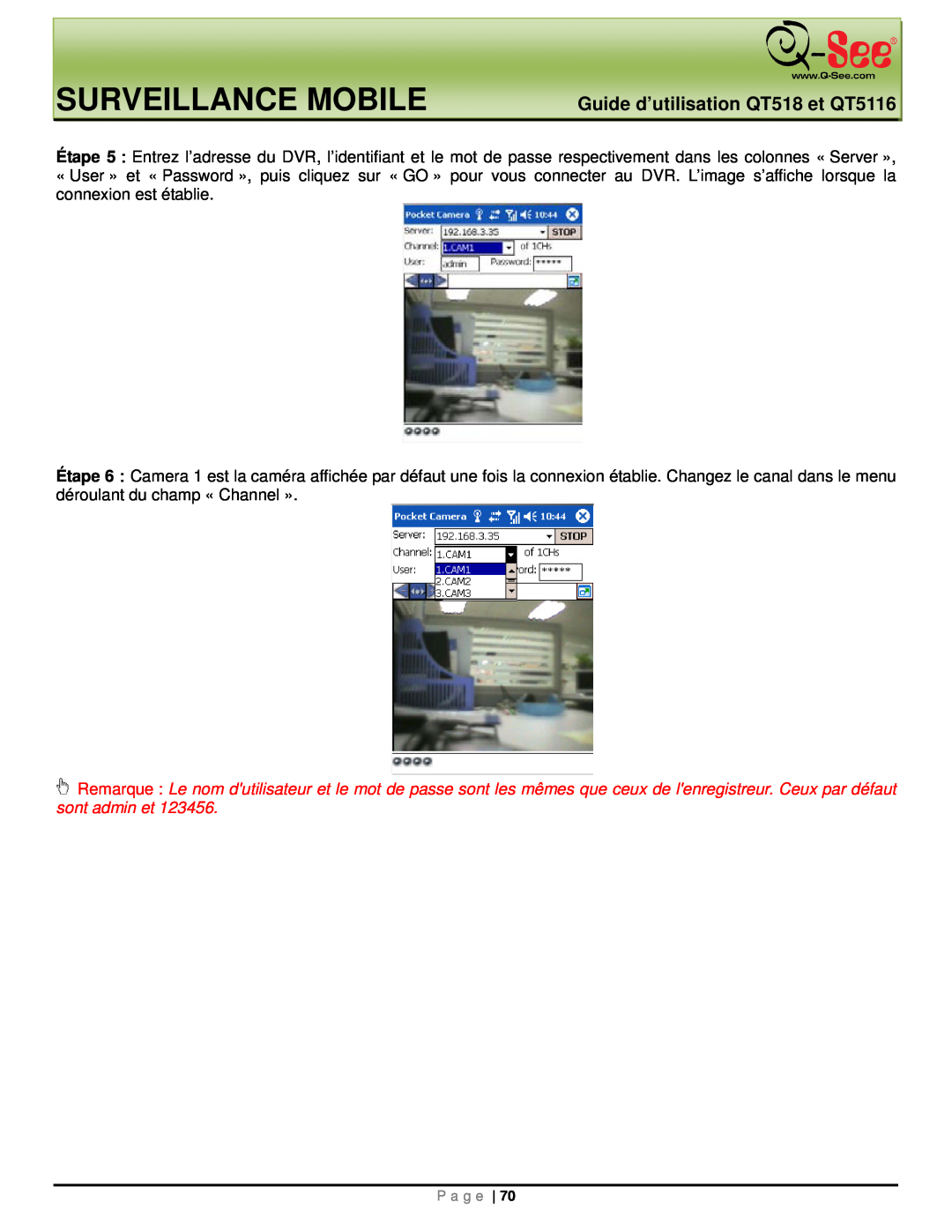 Q-See manual Surveillance Mobile, Guide d’utilisation QT518 et QT5116 
