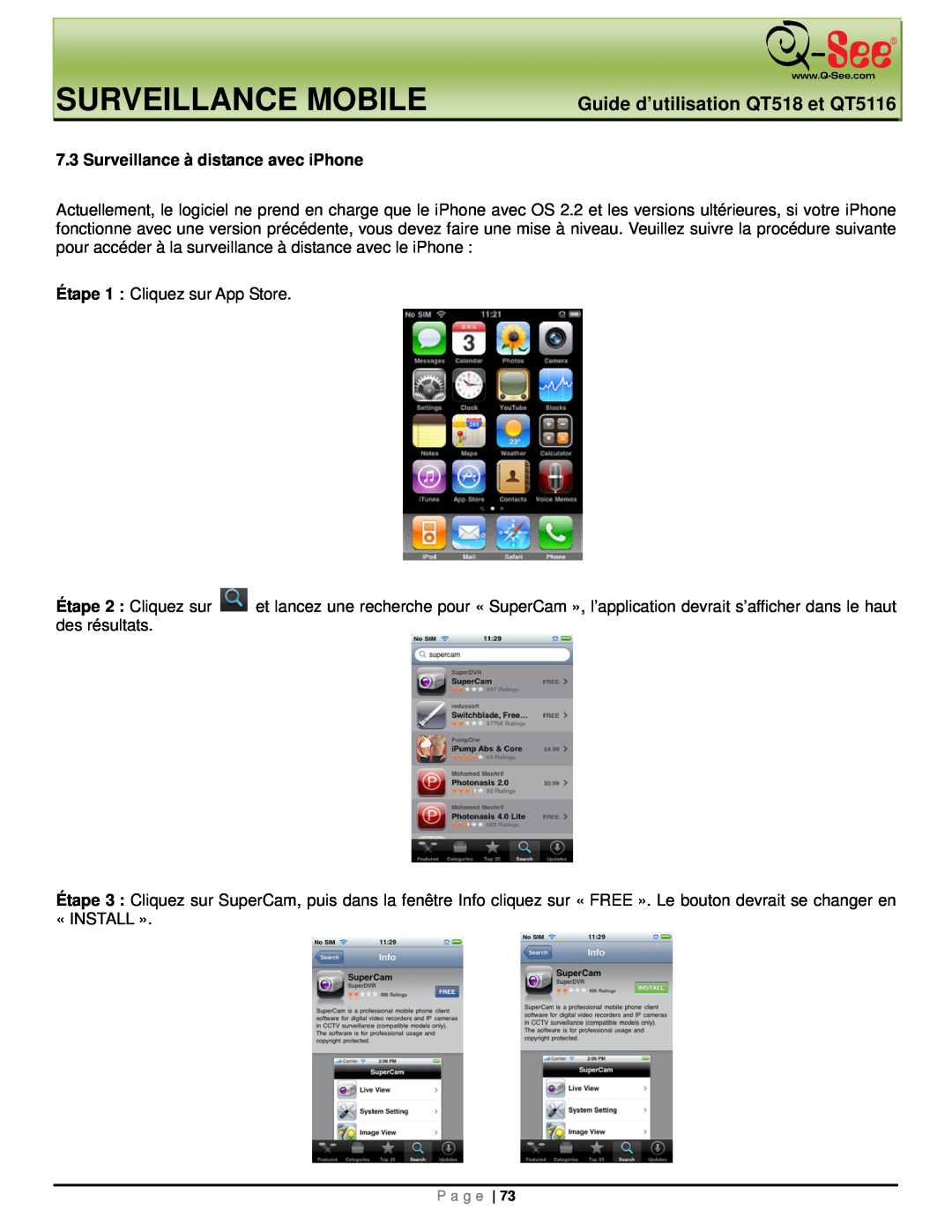 Q-See manual Surveillance Mobile, Guide d’utilisation QT518 et QT5116, Surveillance à distance avec iPhone 