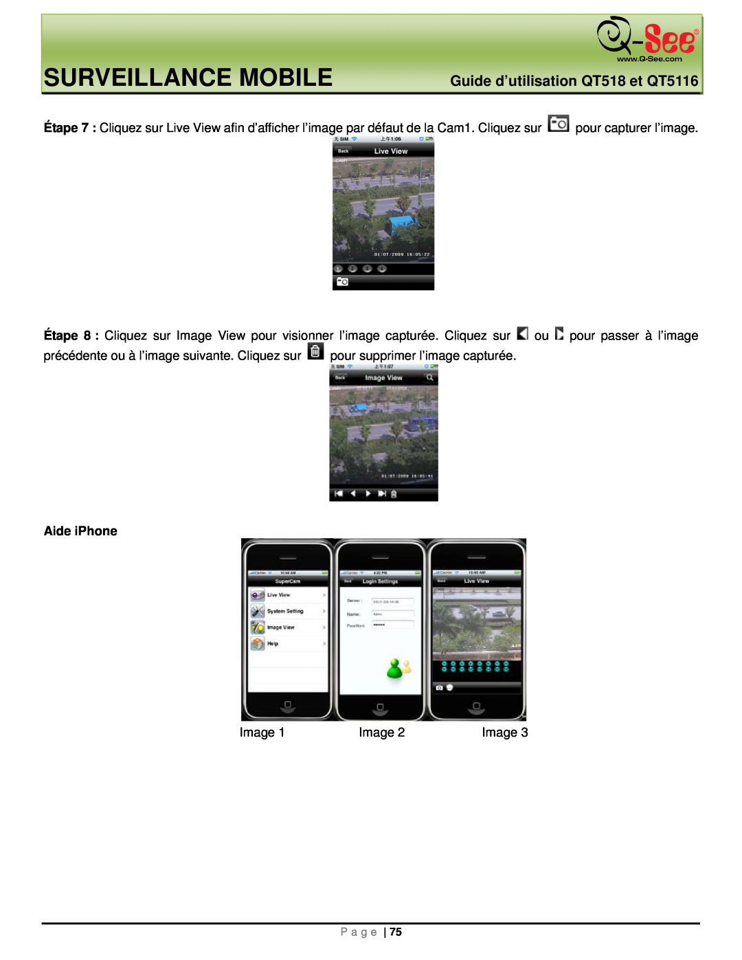 Q-See manual Surveillance Mobile, Guide d’utilisation QT518 et QT5116, Aide iPhone, Image, P a g e 