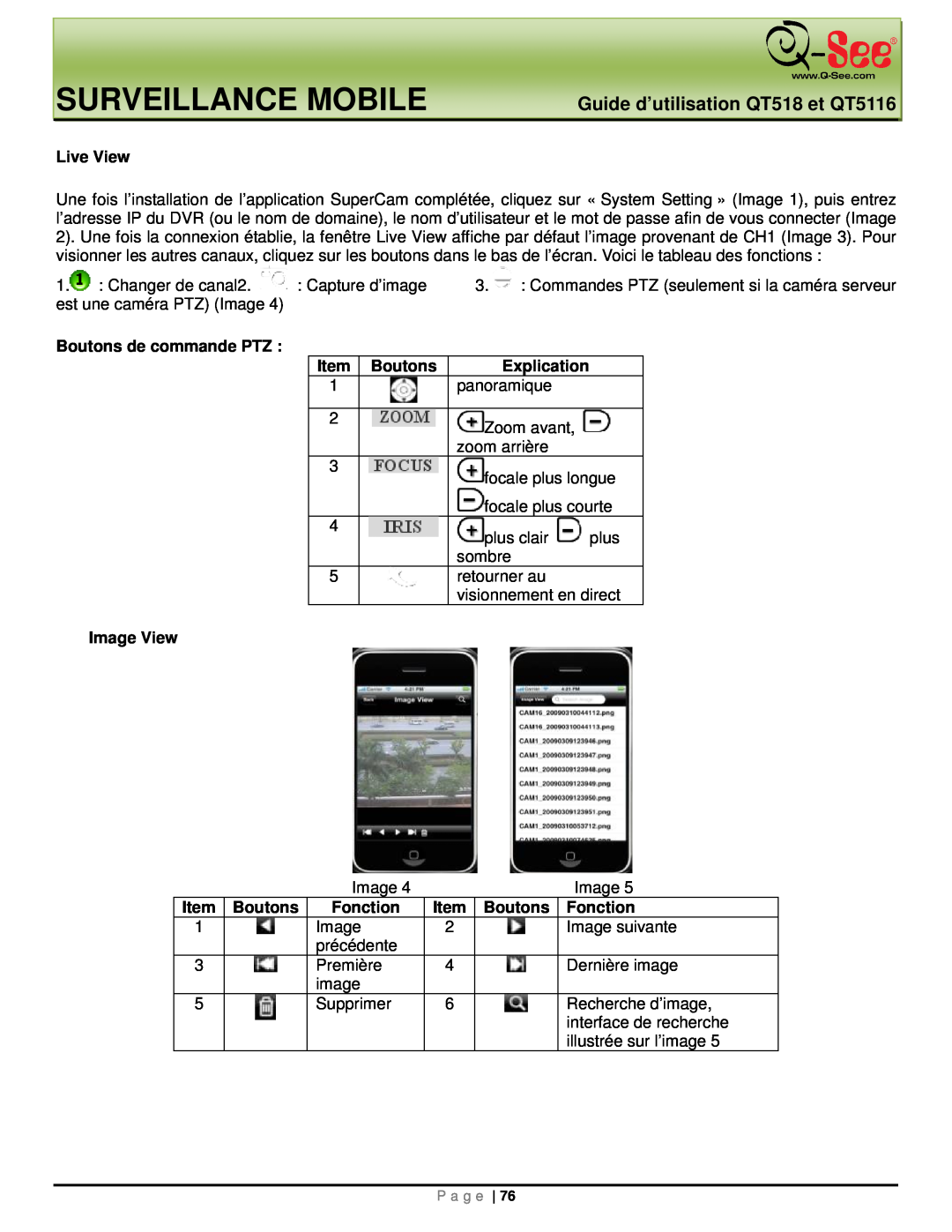 Q-See manual Surveillance Mobile, Guide d’utilisation QT518 et QT5116, Live View 